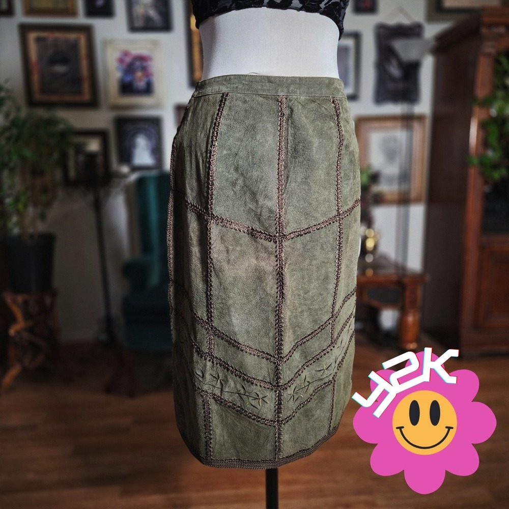 Vintage Y2K Suede Essentials Olive Green Leather‎ Fairycore Woodland Midi Skirt